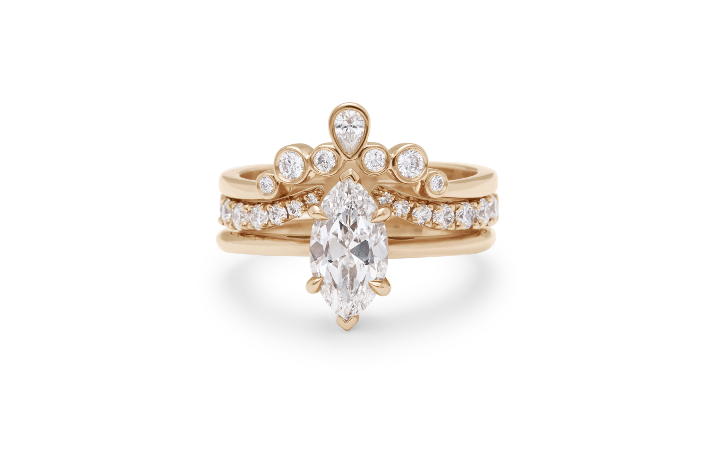  Anna Sheffield Marquise Bea Solitaire ring, Bezel Rosette and Open Chrysalis Nesting Bands in gold, marquise-cut white diamond and reclaimed white diamond melee