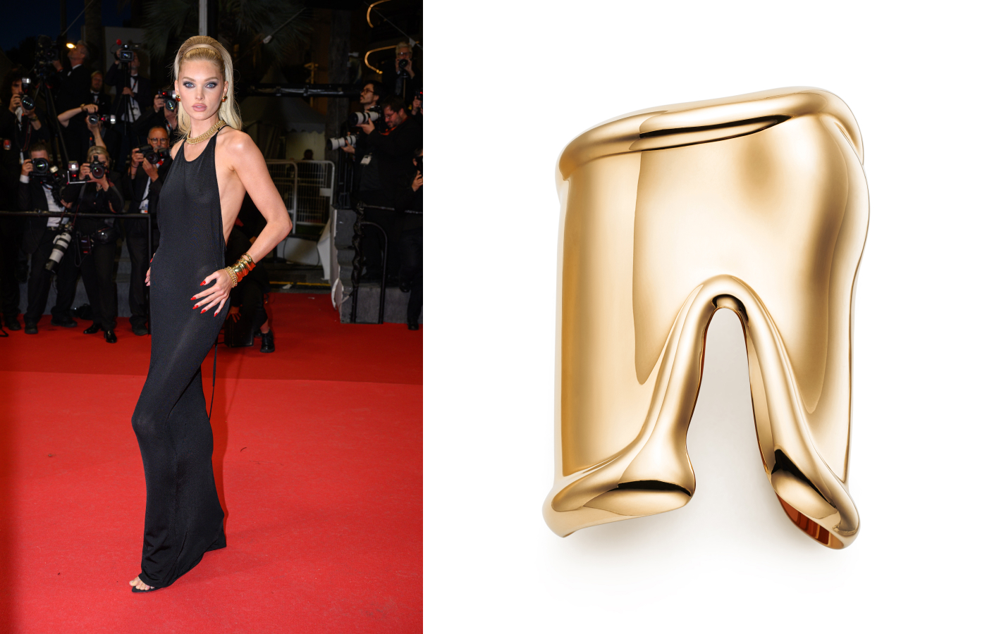 Model Elsa Hosk wore an Elsa Peretti Bone cuff by Tiffany & Co. in yellow gold for the Cannes Film Festival 2024