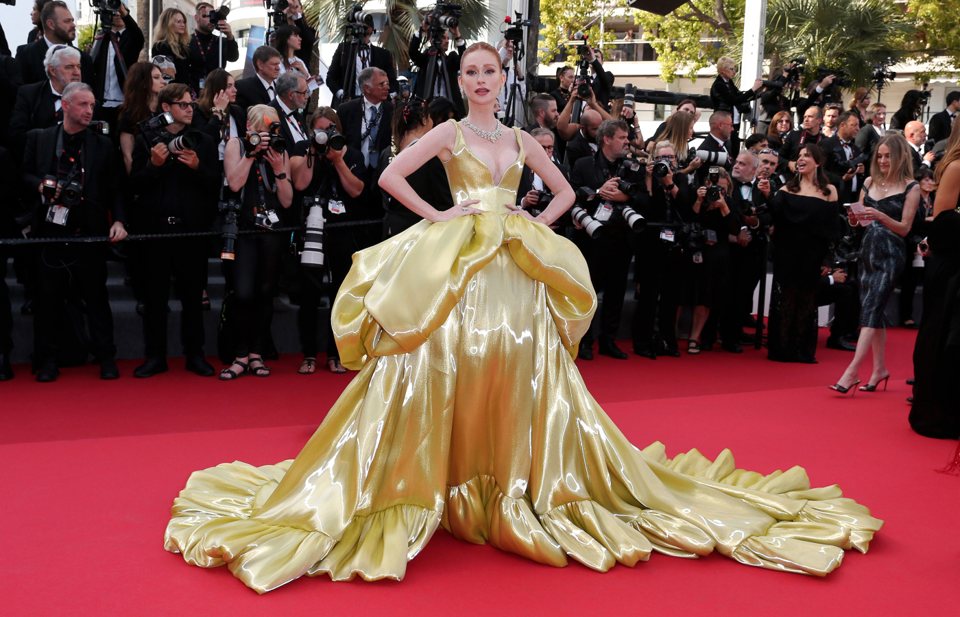  Brazilian actress Marina Ruy Barbosa in a ballgown by Miss Sohee and a suite of pear-shaped light yellow diamonds and colourless diamonds by Chopard at the Cannes Film Festival 2024
