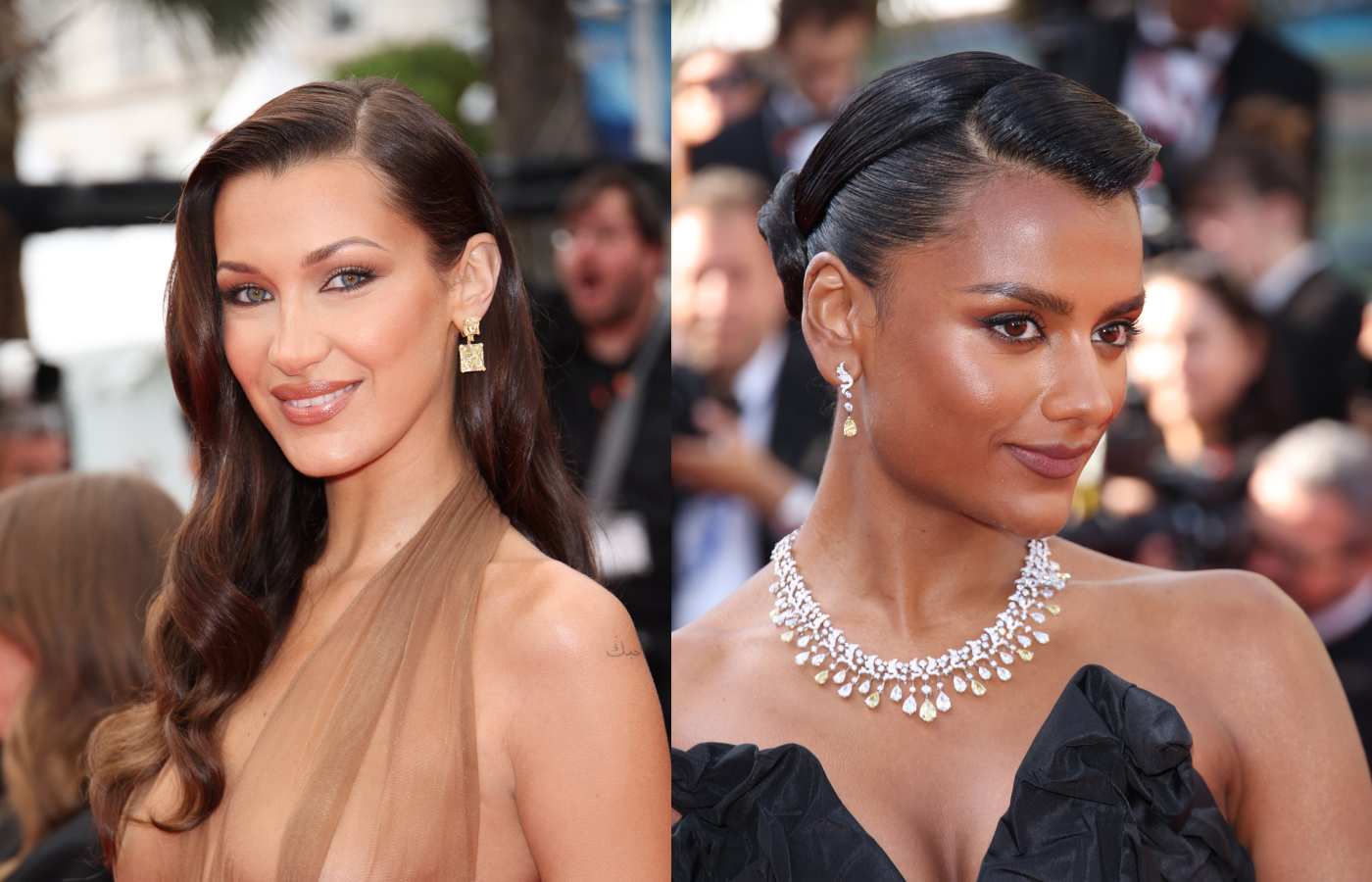 Model Bella Hadid and actress Simone Ashley at the 2024 Cannes Film Festival demonstrating the trend for yellow diamond drop earrings by Chopard and Chaumet, respectively