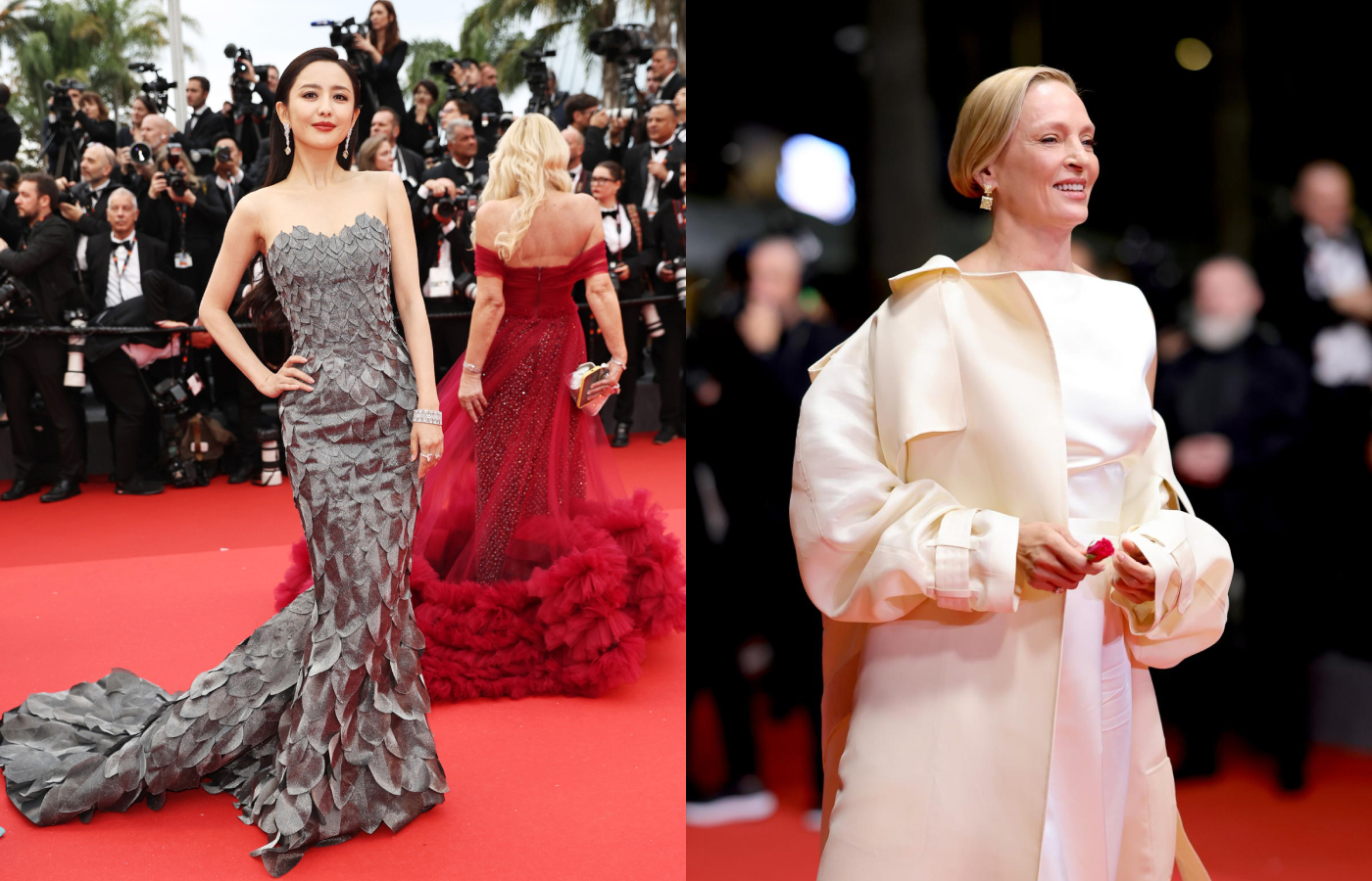  Chinese actress Tong Liya and American actress Uma Thurman demonstrating the trend for yellow diamond drop earrings at the 2024 Cannes Film Festival, both by Chopard 