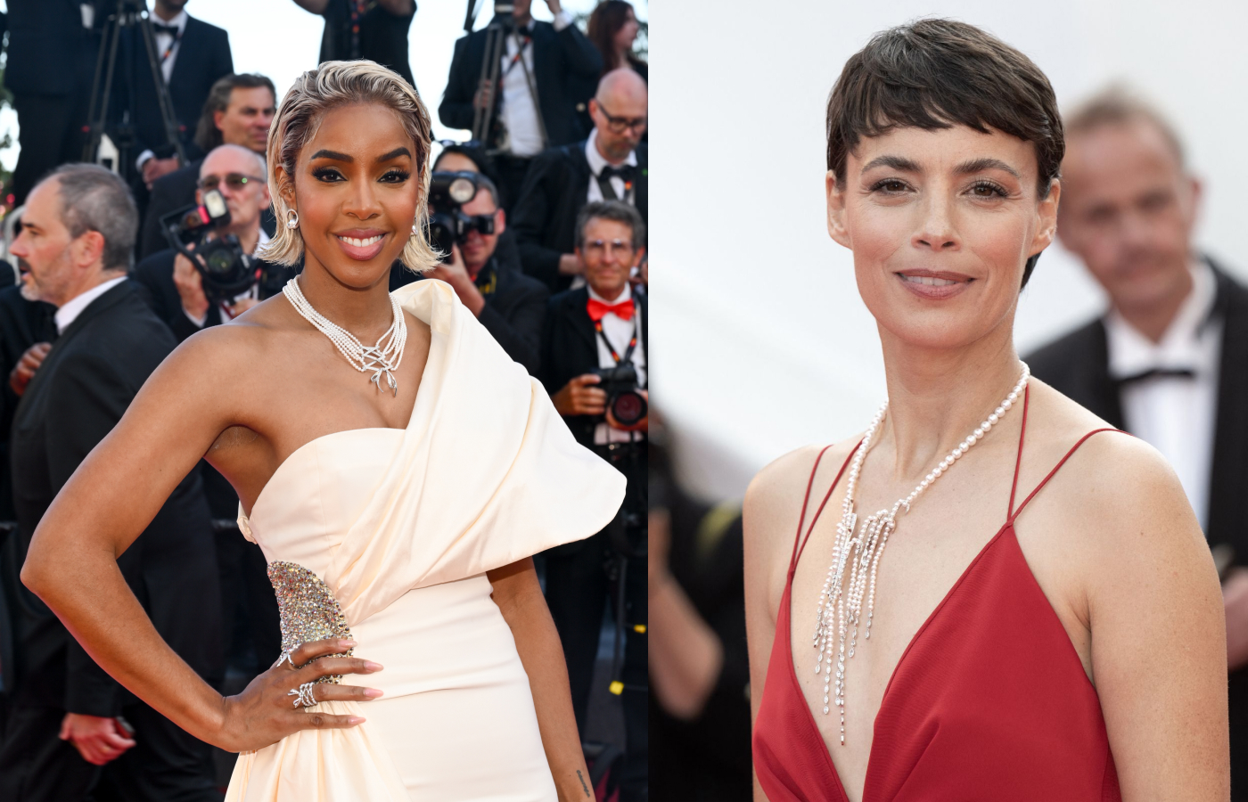 Singer Kelly Rowland in the Tasaki Corset necklace and French actress Bérénice Bejo also wearing Tasaki pearls and diamonds to the Cannes Film Festival 2024