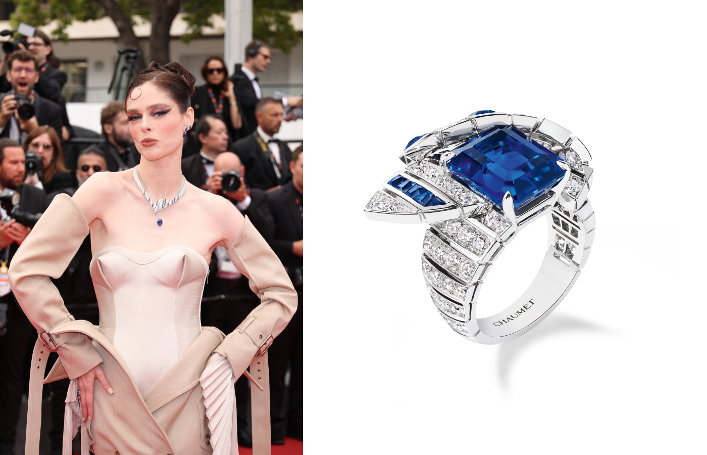  Model Coco Rocha wearing the Chaumet Agapanthe necklace, earrings and ring from the Le Jardin de Chaumet High Jewellery collection to the Cannes Film Festival 2024