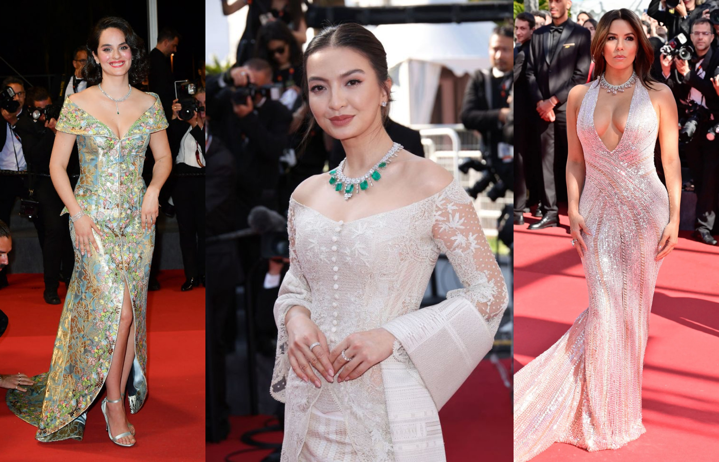 From left to right, French actress Noémie Merlant, Indonesian actress Raline Shah in Chopard emeralds and diamonds, and Eva Longoria in the Ghirlanda collection necklace by Pasquale Bruni with white and grey diamonds and rose-coloured morganites 