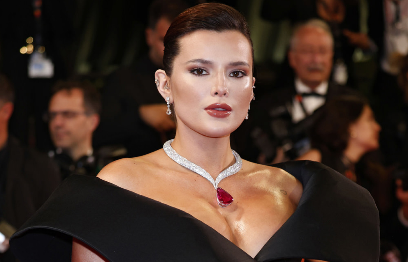 Actress Bella Thorne wore a Chopard necklace set with a 123.24-carat pear-shaped rubellite and 65.24 carats of diamonds to the Cannes Film Festival 2024