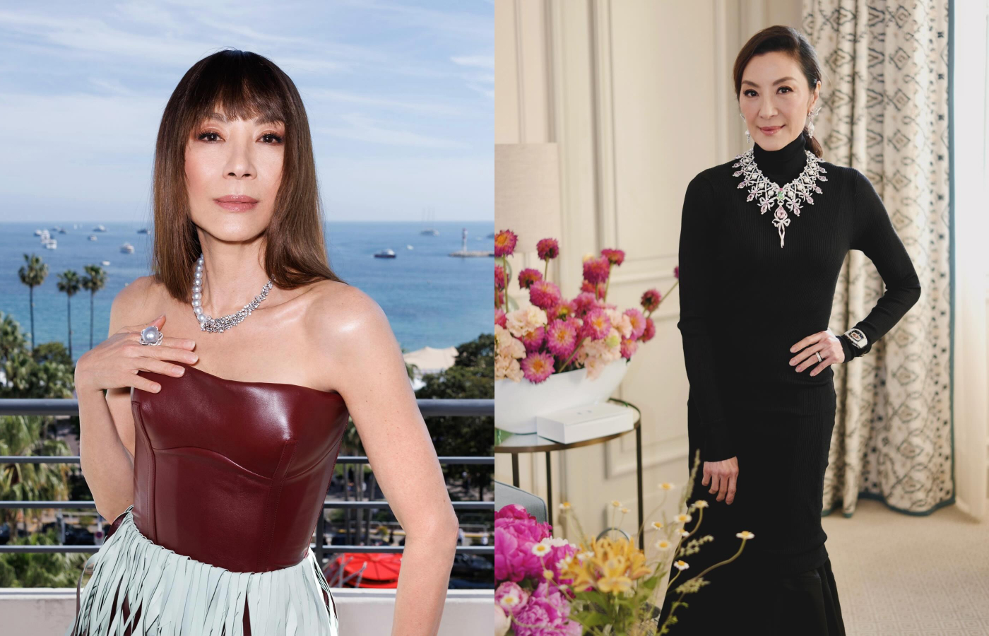  Michelle Yeoh wearing the Mikimoto ‘Half & Half’ collection necklace (left) and a new High Jewellery creation to the Cannes Film Festival 2024