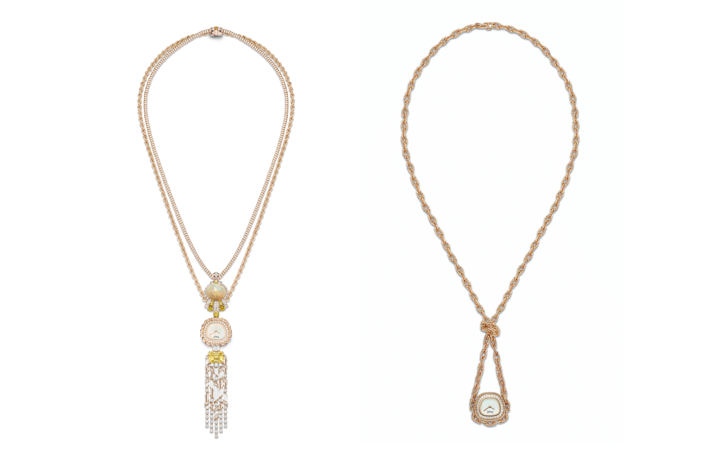  Piaget Swinging Sautoir watch in pink gold, yellow sapphire, cabochon-cut white opal, white chalcedony and diamond