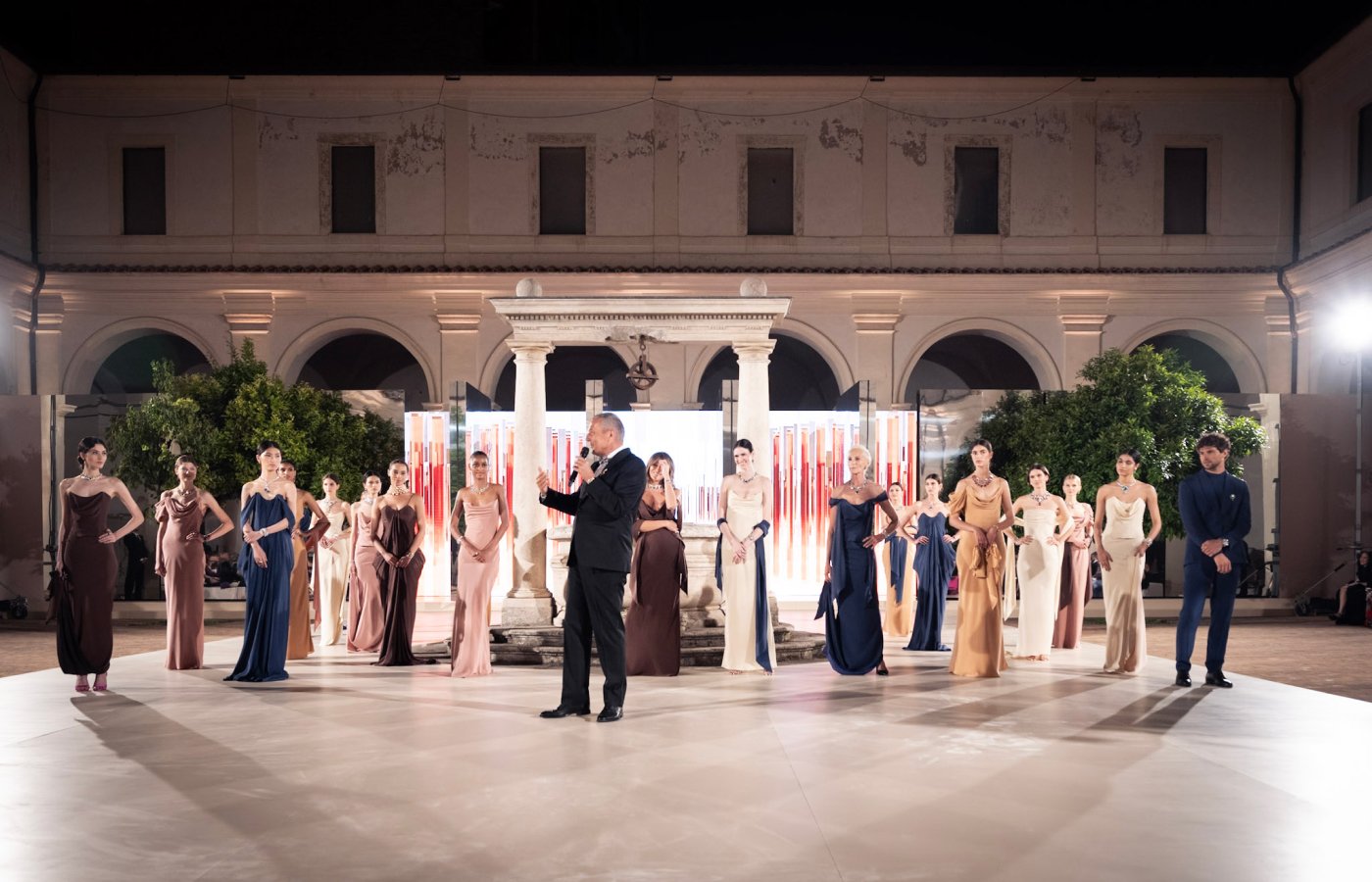 Bulgari chief executive Jean-Christophe Babin shares the stage with models wearing pieces from the Bulgari Aeterna High Jewellery collection at the Terme di Diocleziano in Rome. Photo credit Gabriel De La Chapelle