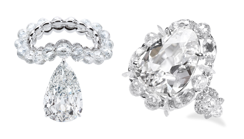 Слева: кольцо Theodoros со старинным бриллиантом в 7,05 карат. Справа: кольцо Suzanne Syz rс бриллиантом в 5,69 карат