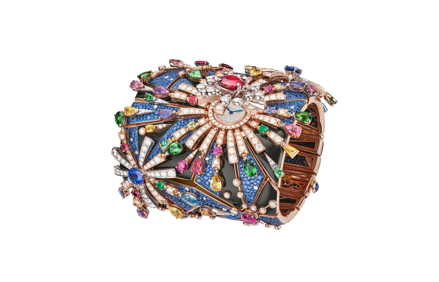 The Fuochi d’Artificio High Jewellery secret watch from the Bulgari Aeterna High Jewellery collection with a 2.93 carat cabochon ruby, 38.35 carats of sapphires, 3.17 carats of rubellites, 4.60 carats of yellow sapphires, further gemstones and more than 13 carats of pavé-set diamonds
