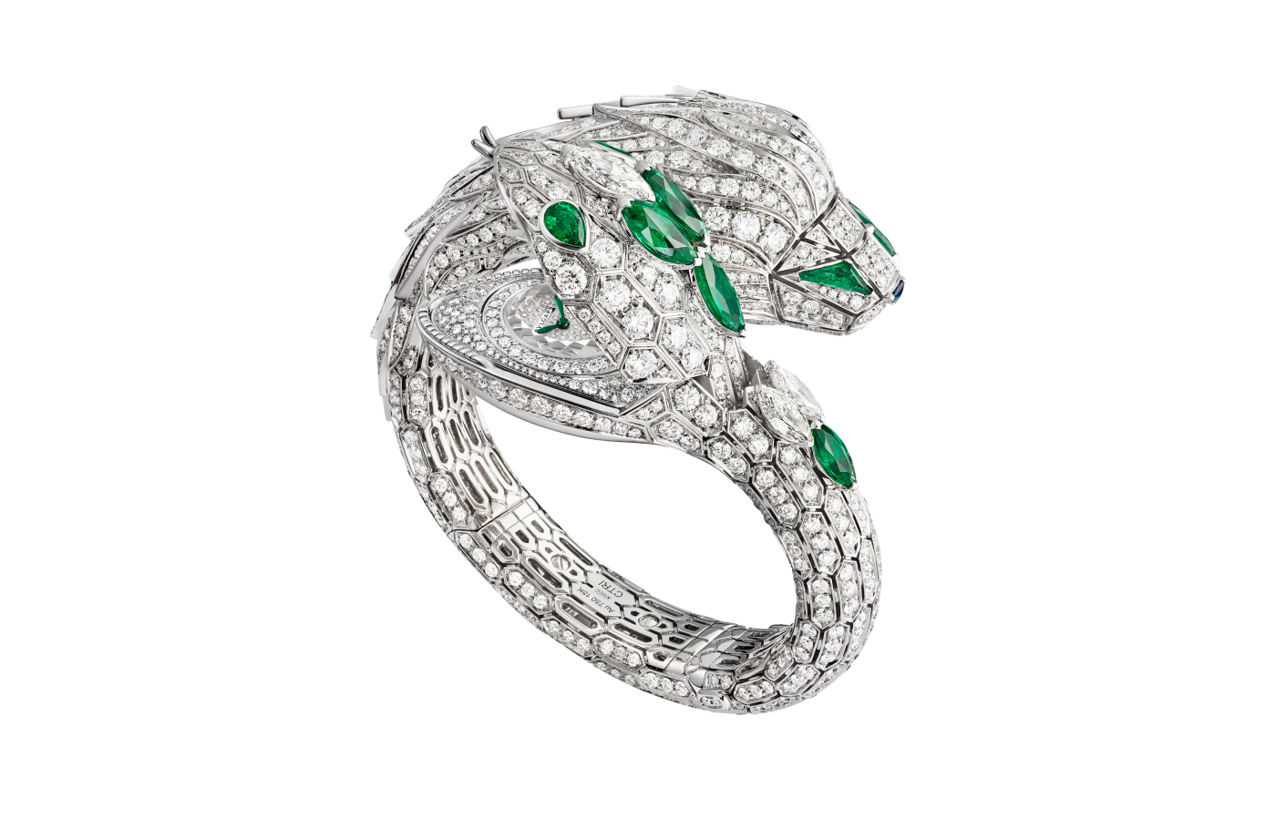  The Serpenti Misteriosi Chimera High Jewellery secret watch from the Bulgari Aeterna High Jewellery collection in white gold with four marquise-cut emeralds totalling 3.24 carats and 19.78 carats of round brilliant-cut diamonds