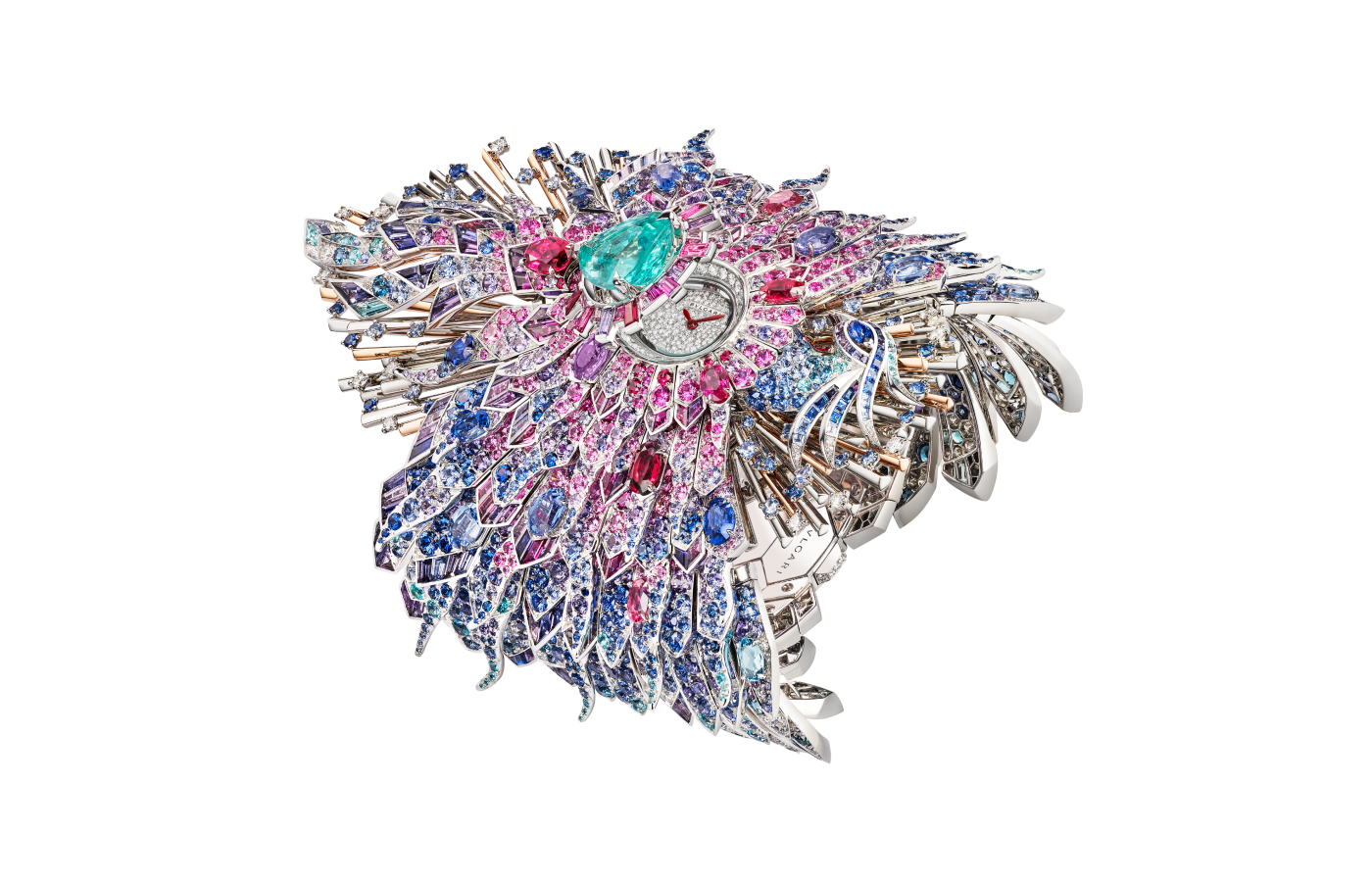  The Fenice High Jewellery secret watch from the Bulgari Aeterna High Jewellery collection in white and rose gold with one pear-shaped Paraiba tourmaline of 9.78 carats, 51.74 carats of blue sapphires,19.61 carats of pink sapphires, 27.54 carats of purple sapphires and 22.55 carats of diamonds