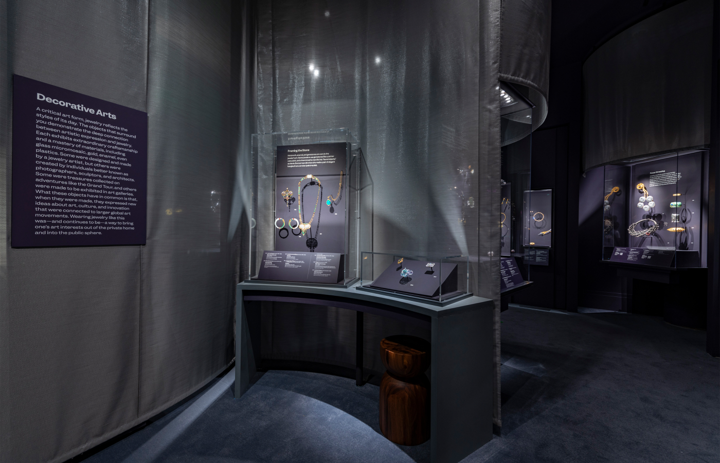  Decorative Arts section of the Beyond Brilliance Exhibit at the MFA Boston, displaying jewellery through the lens of self adornment  