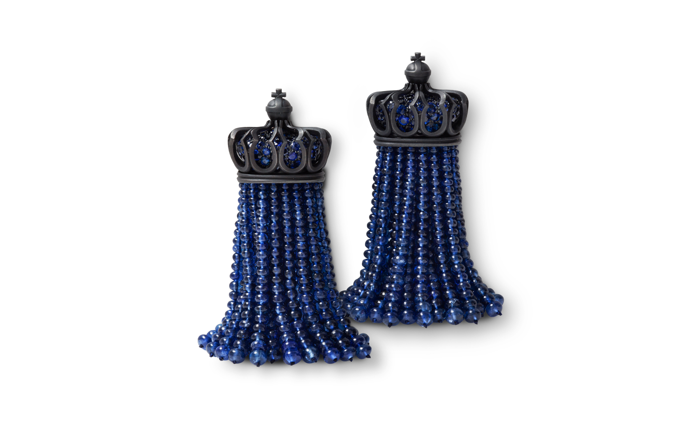  Hermmerle 2018 Pair of tassel earrings in black finished iron, white gold and sapphire