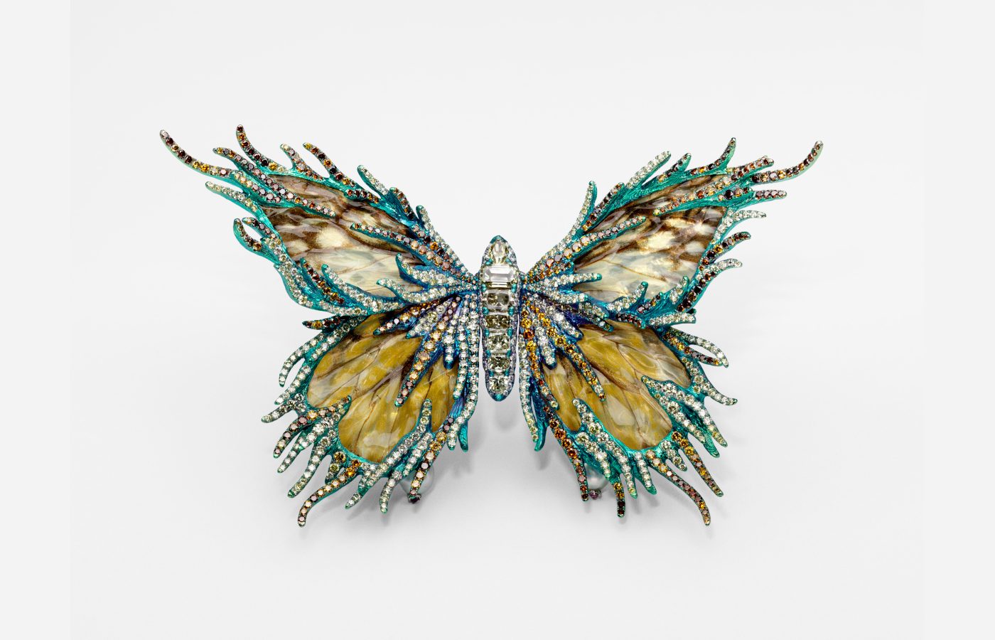 Wallace Chan 2013 Forever Dancing - Bright Star brooch in titanium, yellow diamond, fancy-colored diamonds, rock crystal, mother‑of‑pearl, butterfly specimen and pearl