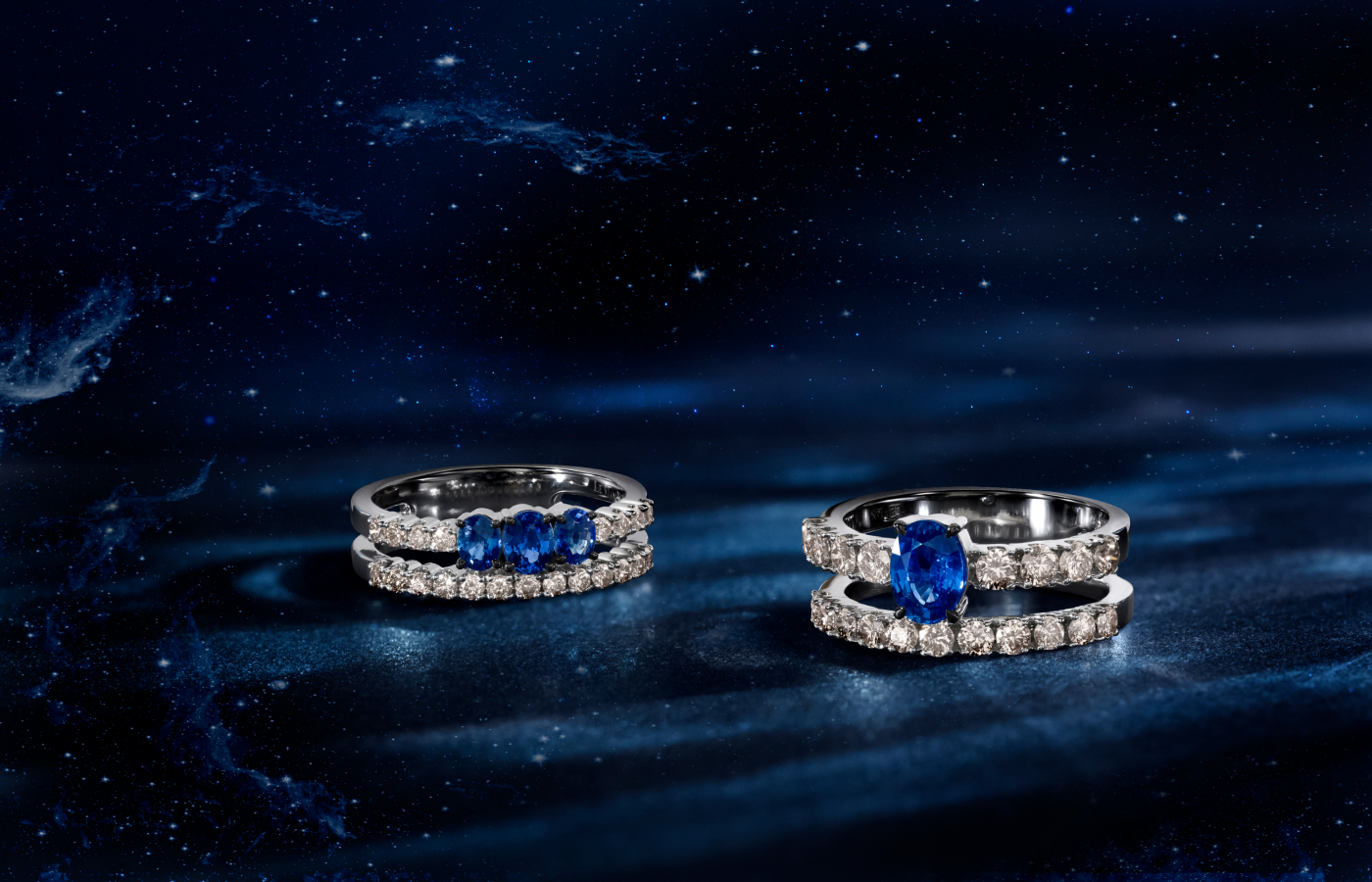  Le Vian® ring with a trio of Blueberry Sapphire™ and Nude Diamonds™ set in 14K Vanilla Gold® (left) and a second Le Vian® Ring with Blueberry Sapphire™ and Nude Diamonds™ set in 14K Vanilla Gold®