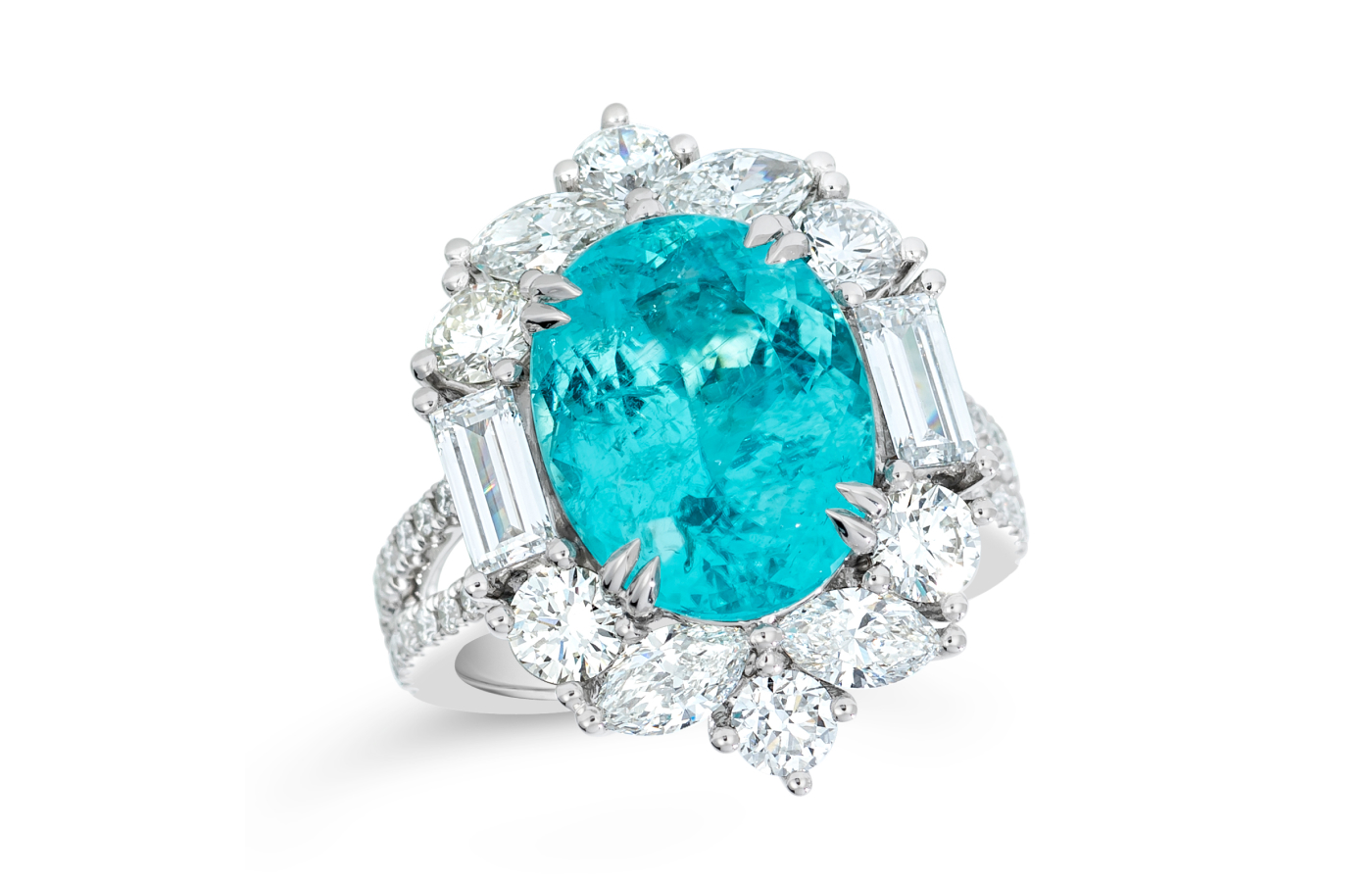  Le Vian Couture® ring with a 6.75 carat Neon Blue Paraiba Tourmaline™ and 3.25 carats of Vanilla Diamonds® set in Platinum