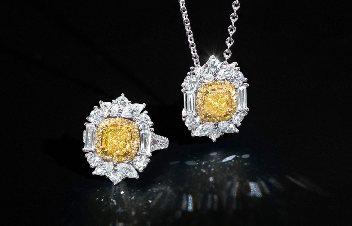  Le Vian Couture® ring with a 2.6 fancy light yellow diamond centre stone, surrounded by 3.25 carats of Vanilla Diamonds® set in Platinum with 18K Honey Gold™, pictured alongside a matching pendant with a 2.75 carat fancy light yellow diamond, and three carats of Vanilla Diamonds® 