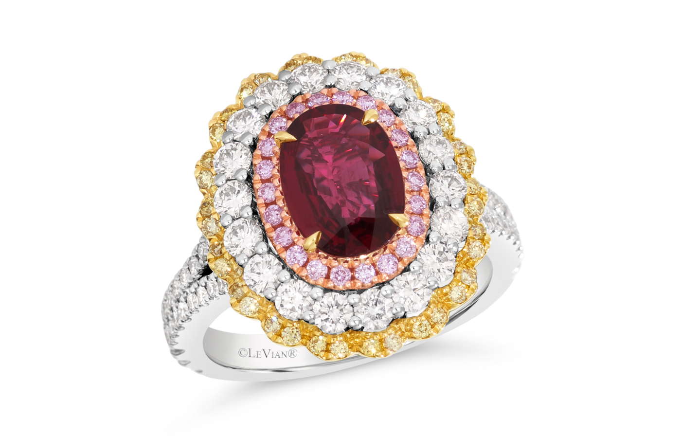  Le Vian Couture® ring with a two carat Passion Ruby™, 1.2 carats of Vanilla Diamonds®, further light pink diamonds and fancy light yellow diamonds set in Platinum with 18K gold