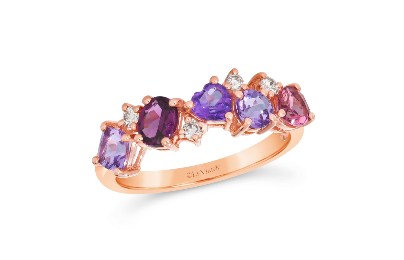  Le Vian Chocolatier® ring with Raspberry Rhodolite®, Grape Amethyst™, Peach Morganite™, Chocolate Diamonds®, and Vanilla Diamonds® set in 14K Strawberry Gold®