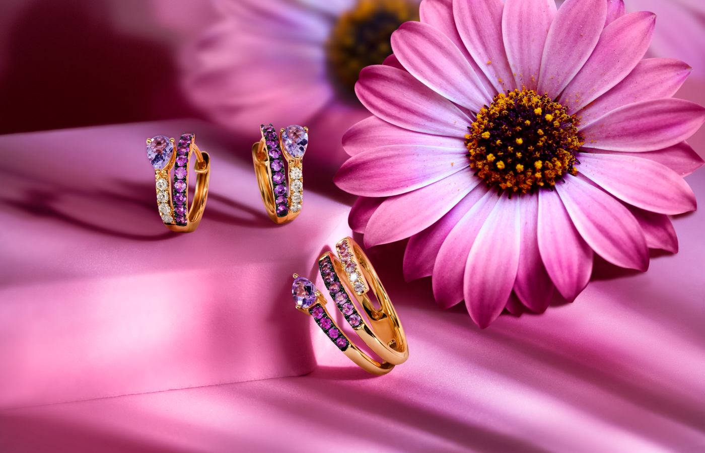 A trio of Le Vian Ombrè® rings with Cotton Candy Amethyst® and Strawberry Ombrè® Sapphires set in 14K Strawberry Gold®