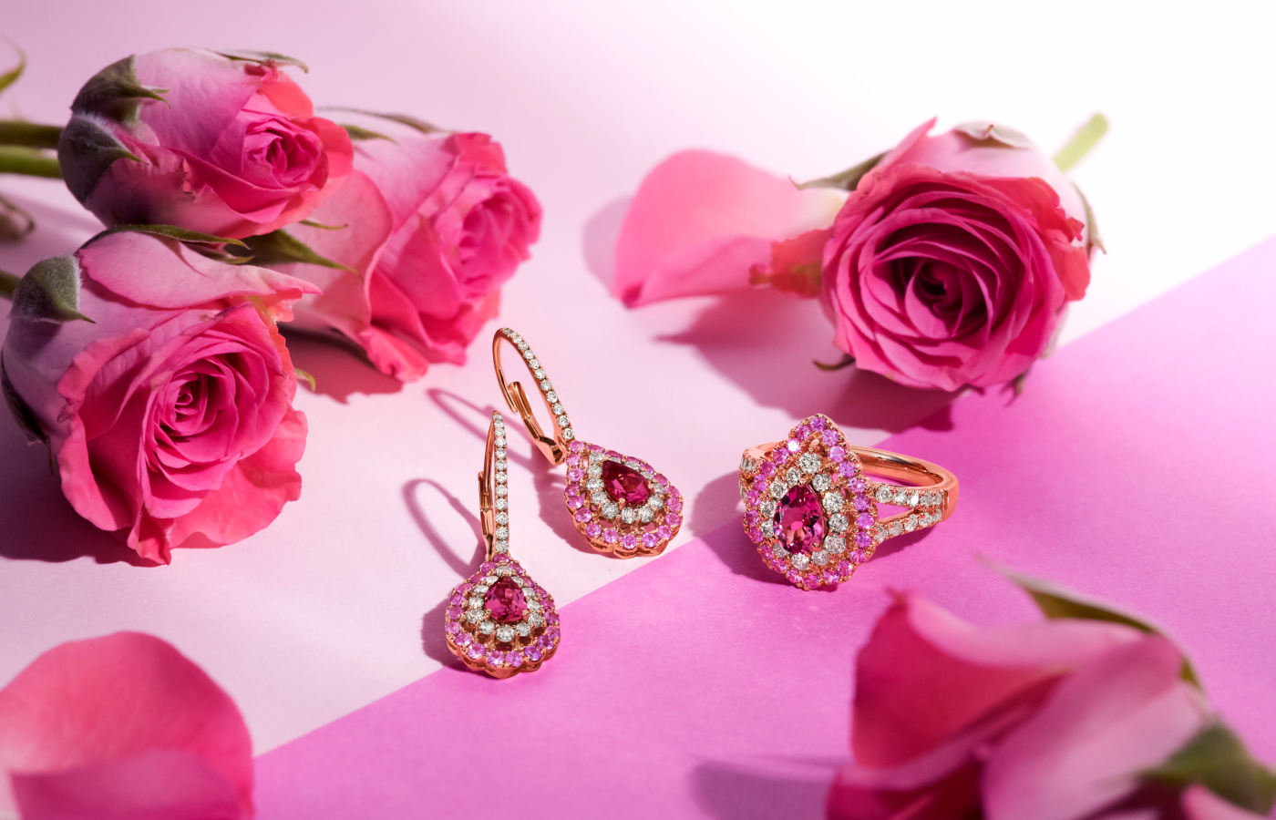  Le Vian® ring and a matching pair of earrings with Passion Fruit Tourmaline™, Bubble Gum Pink Sapphire™ and Nude Diamonds™ set in 14K Strawberry Gold®