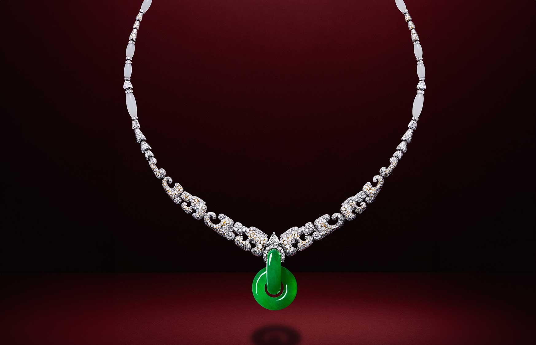  HEHE High Jewelry Heaven and Earth Diamond Dragon necklace with green jadeite double loops, colourless jadeite, and white and yellow diamonds from the  Ascending Dragon High Jewellery collection 