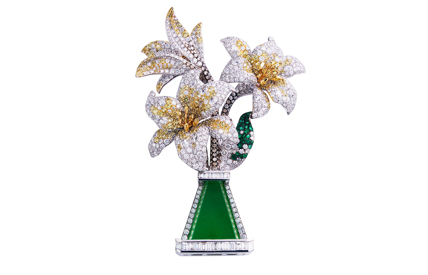 HEHE High Jewelry Radiant Splendor brooch with trapezoidal-shaped jadeite, yellow sapphires, white diamonds, and further multi-coloured sapphires 