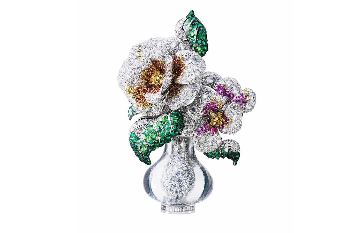  HEHE High Jewelry Frosty Camellias brooch with rock crystal, white diamonds and multi-coloured sapphires  