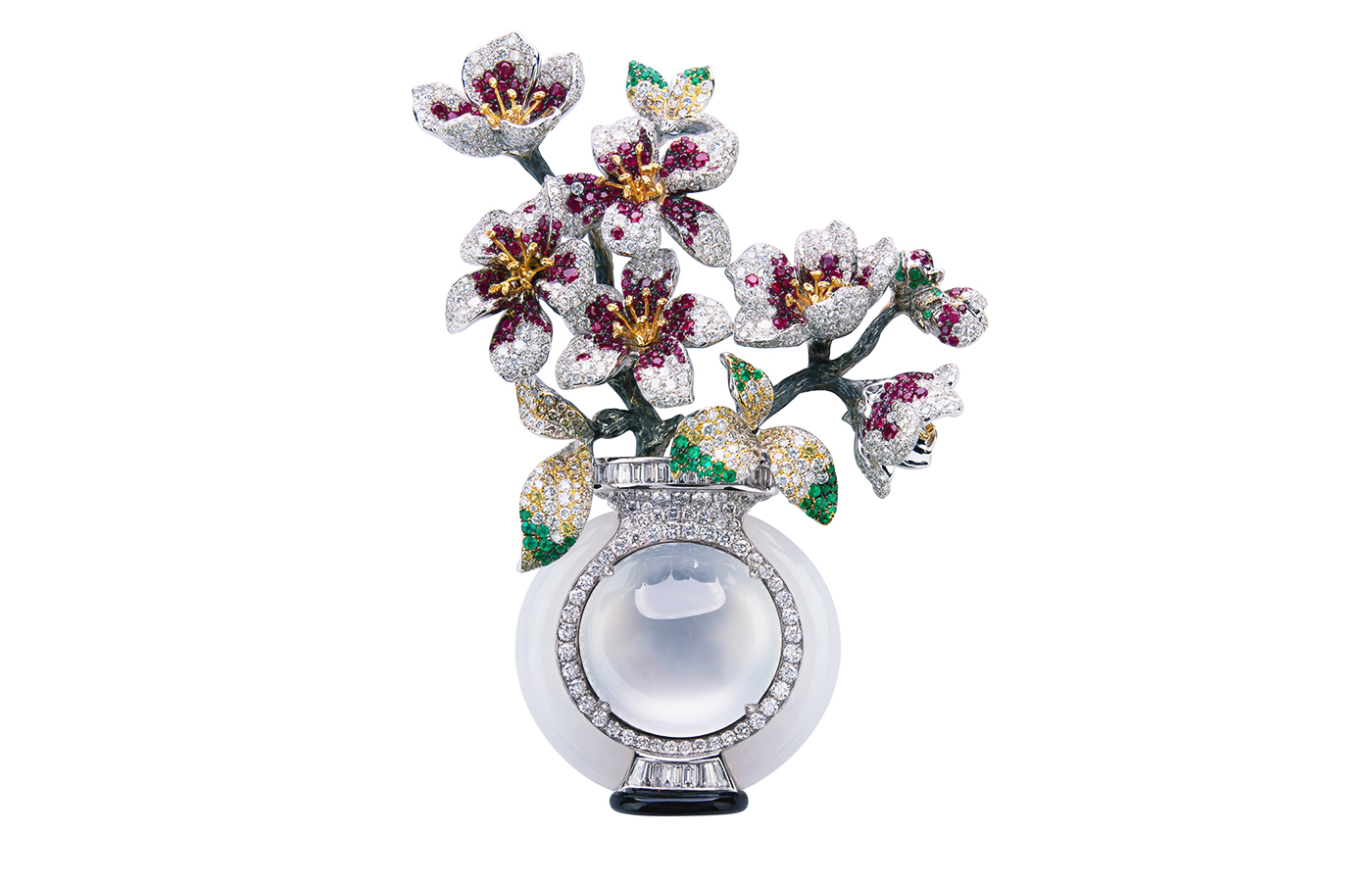  HEHE High Jewelry Lunar Plum Blossoms brooch with colourless jadeite, multi-coloured sapphires and diamonds   