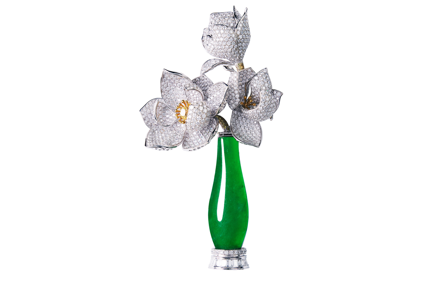 HEHE High Jewelry Blossoming Superiority brooch with green jadeite, white diamonds and yellow diamonds    
