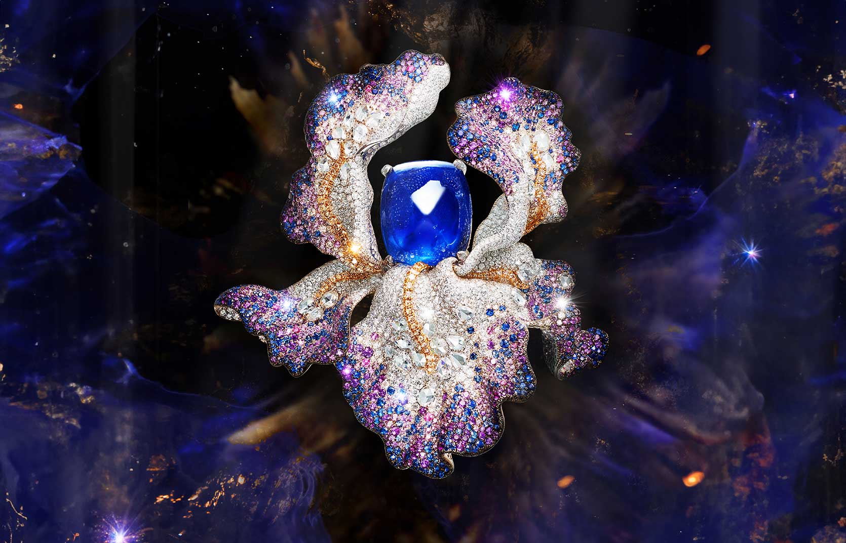 HEHE High Jewelry Eternal Iris brooch with an 80 carat sugarloaf Burmese sapphire, diamonds and pink and blue sapphires