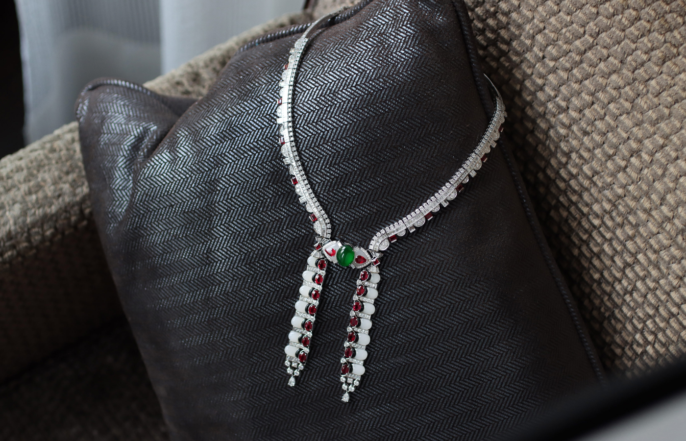 HEHE High Jewelry Grand Harmony necklace from the National Grace collection with a green jadeite cabochon, oval-shaped rubies, onyx, white jade and diamonds 
