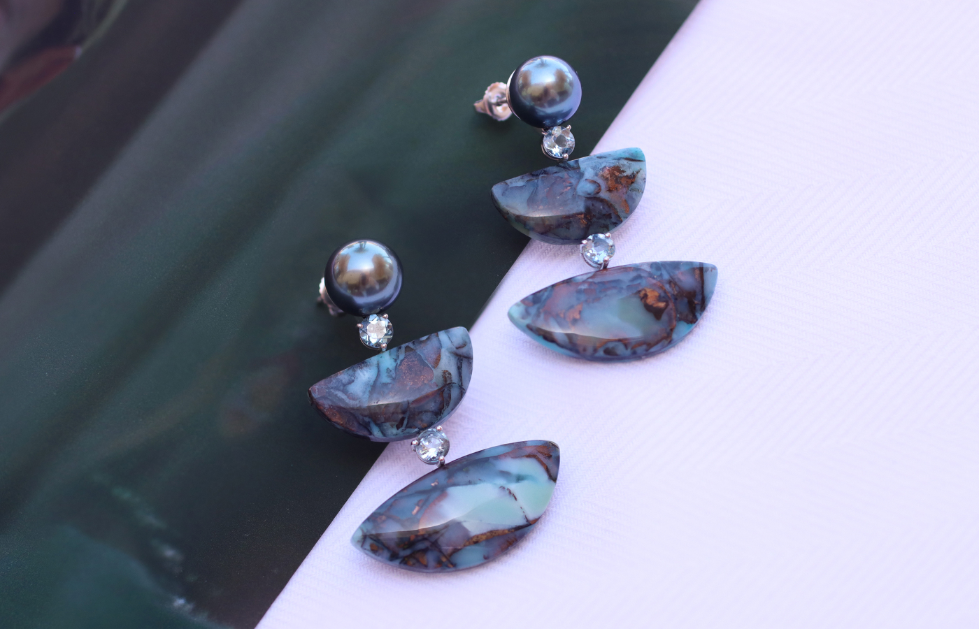 Assael earrings featuring opalised fossil wood with native copper, aquamarine and Tahitian natural colour cultured pearls, set in platinum 