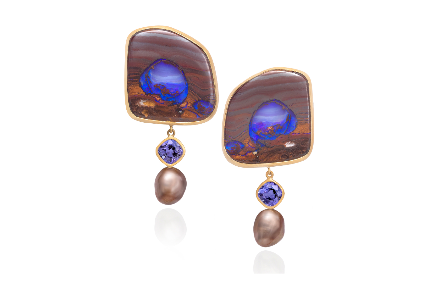 <p>Assael earrings with boulder opal, Fijian baroque pearls and 3.36 carats of tanzanite in 22k and 18k yellow gold</p>
