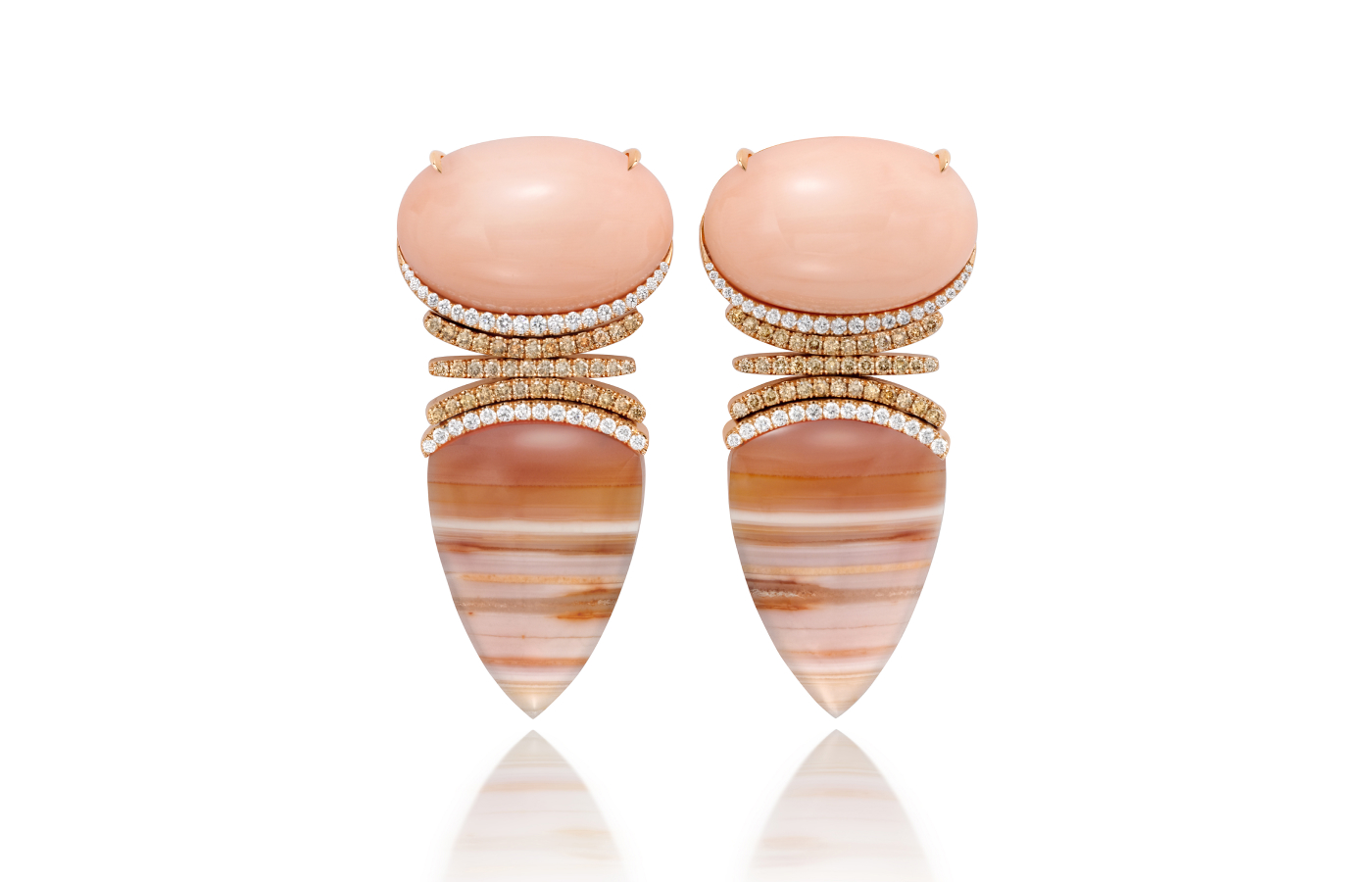 <p>Assael earrings with Angel Skin coral, chalcedony and 1.59 carats of peach, champagne, and white diamonds in 18k rose gold</p>
