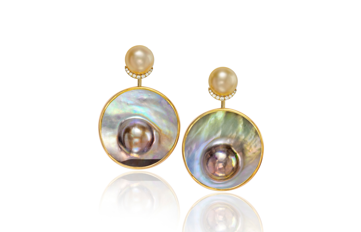  Assael earrings with Fijian shell blisters, golden South Sea pearls, and diamonds in 18k and 22k yellow gold 
