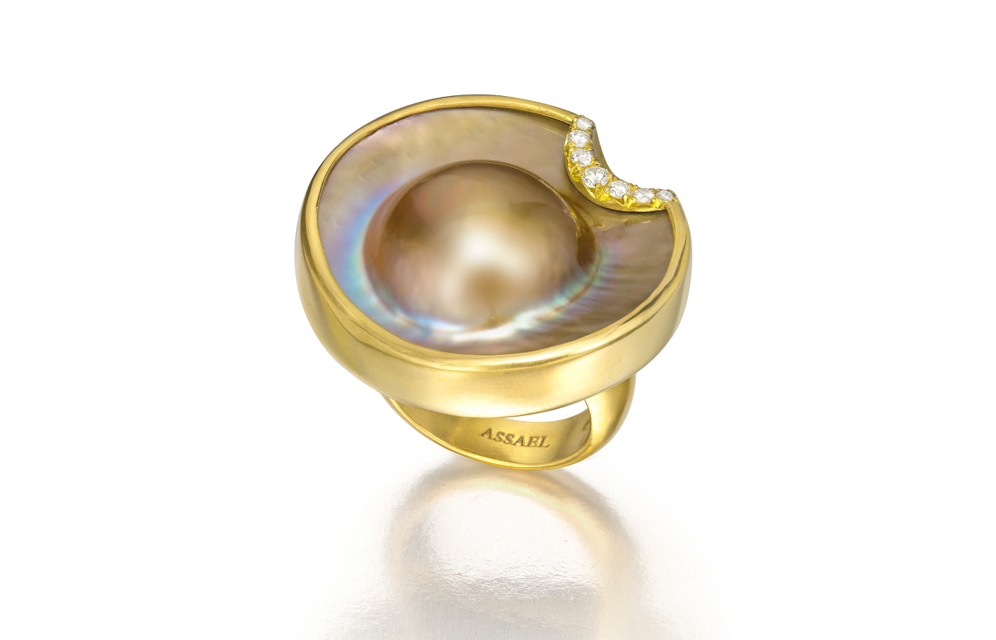  Assael ring with a Fijian shell blister and diamonds in 18k yellow gold 
