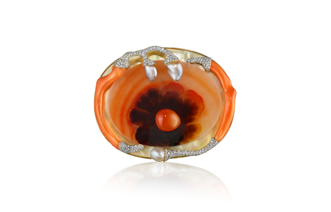 Assael brooch with dendritic agate, coral, a red clam natural saltwater pearl, baroque pearls and yellow diamonds in 18k yellow gold 