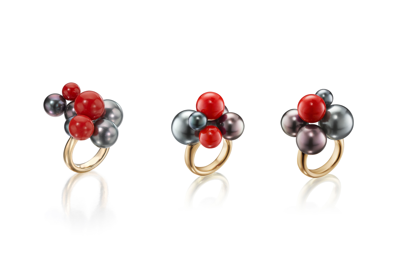  A trio of Sean Gilson for Assael Bubble rings with Tahitian pearls and Sardinian coral