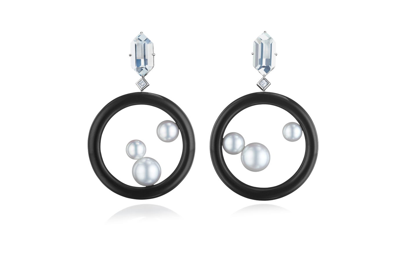  Sean Gilson for Assael earrings with 16.21 carats of goshenite, black jadeite, diamonds and South Sea pearls in platinum 