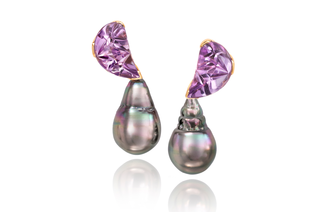  Assael earrings with Tahitian baroque pearl drops and 8.81 carats of fantasy-cut amethyst in 18k rose gold 