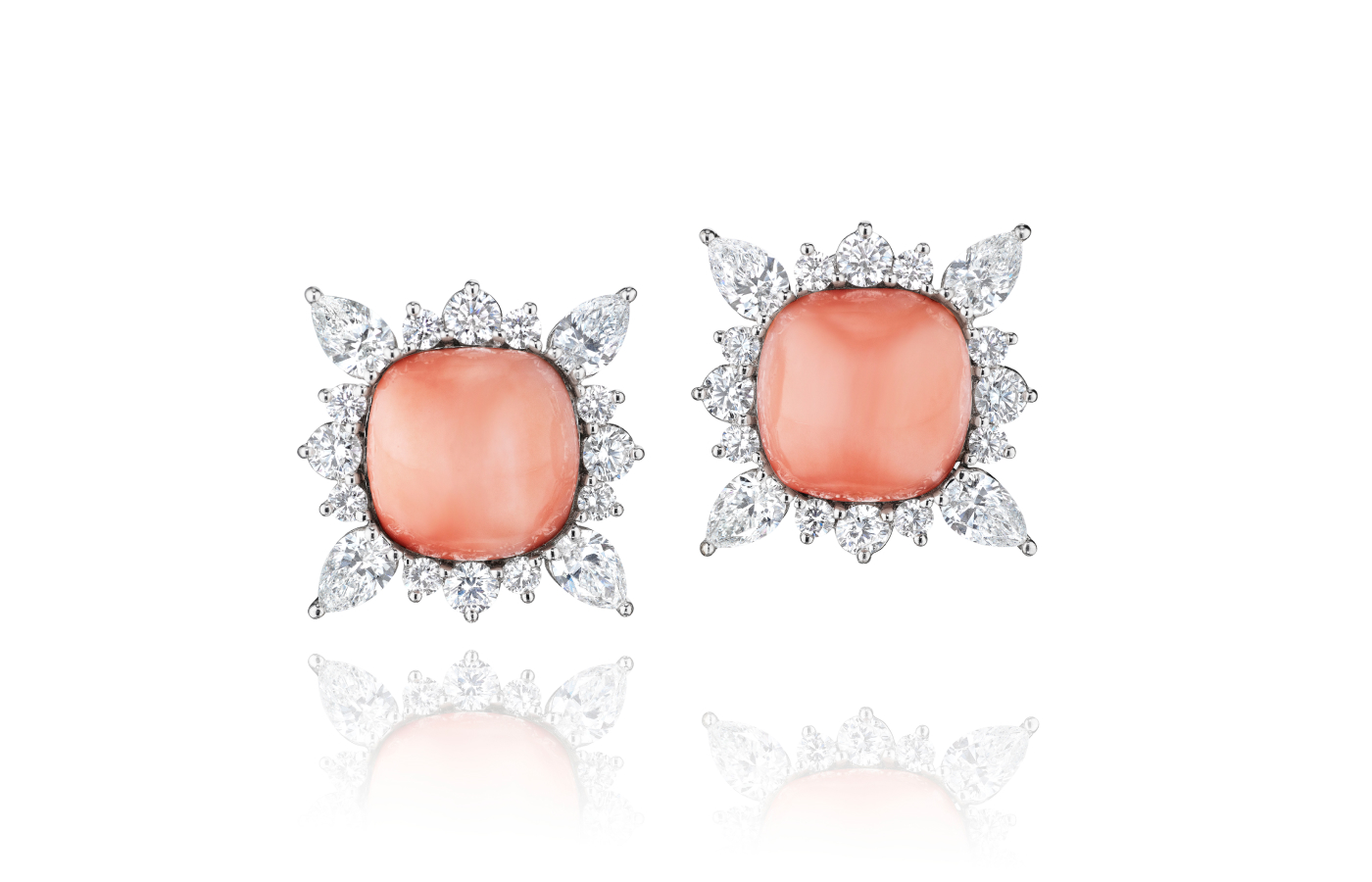 Assael earrings with Angel Skin coral cabochons and 3.38 carats of diamond in 18k white gold