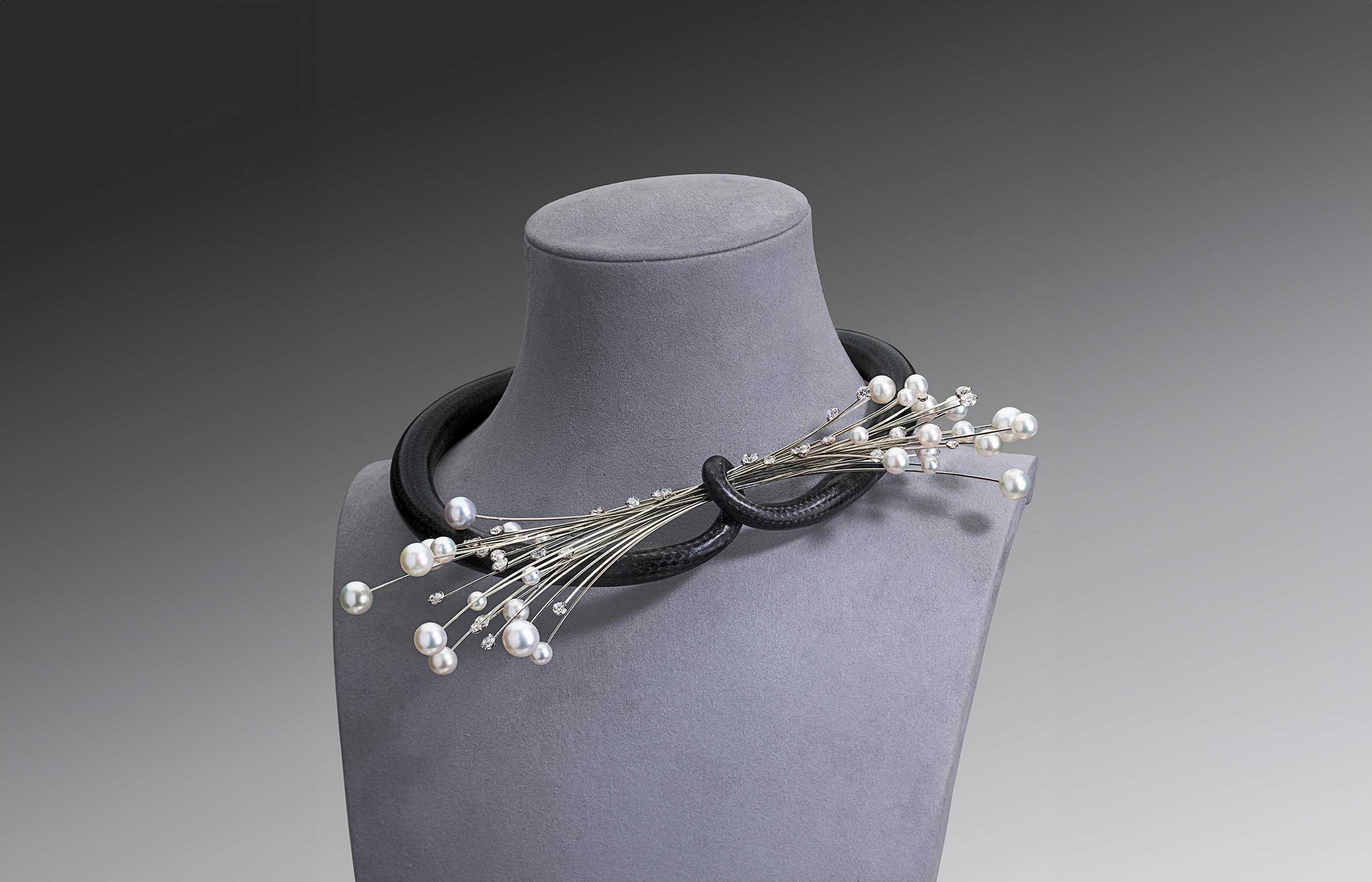 Sean Gilson for Assael Spindrift necklace with black woven carbon fibre, South Sea and Akoya pearls with more than 11 carats of diamonds 