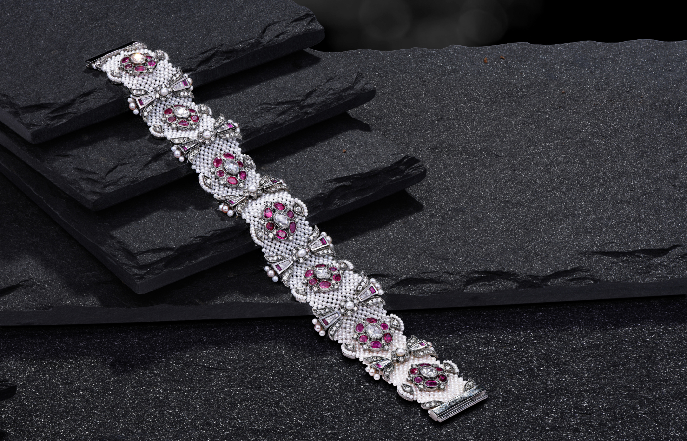  Moksh Jewellery Magic Carpet bracelet in white gold, ruby, Keshi pearl and diamond