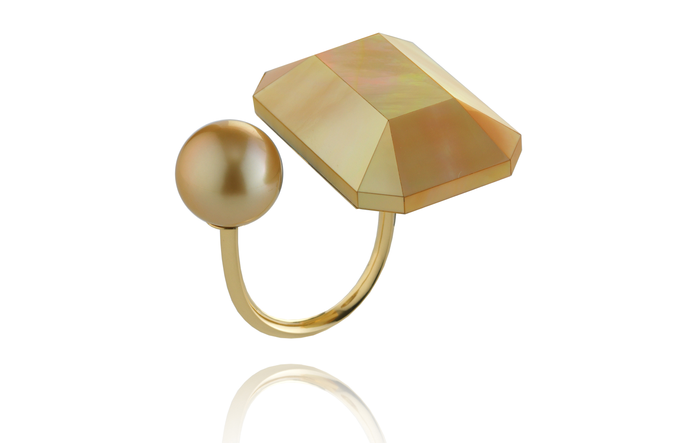 Melanie Georgacopoulos MOP Emerald ring in gold, mother-of-pearl and South Sea pearl