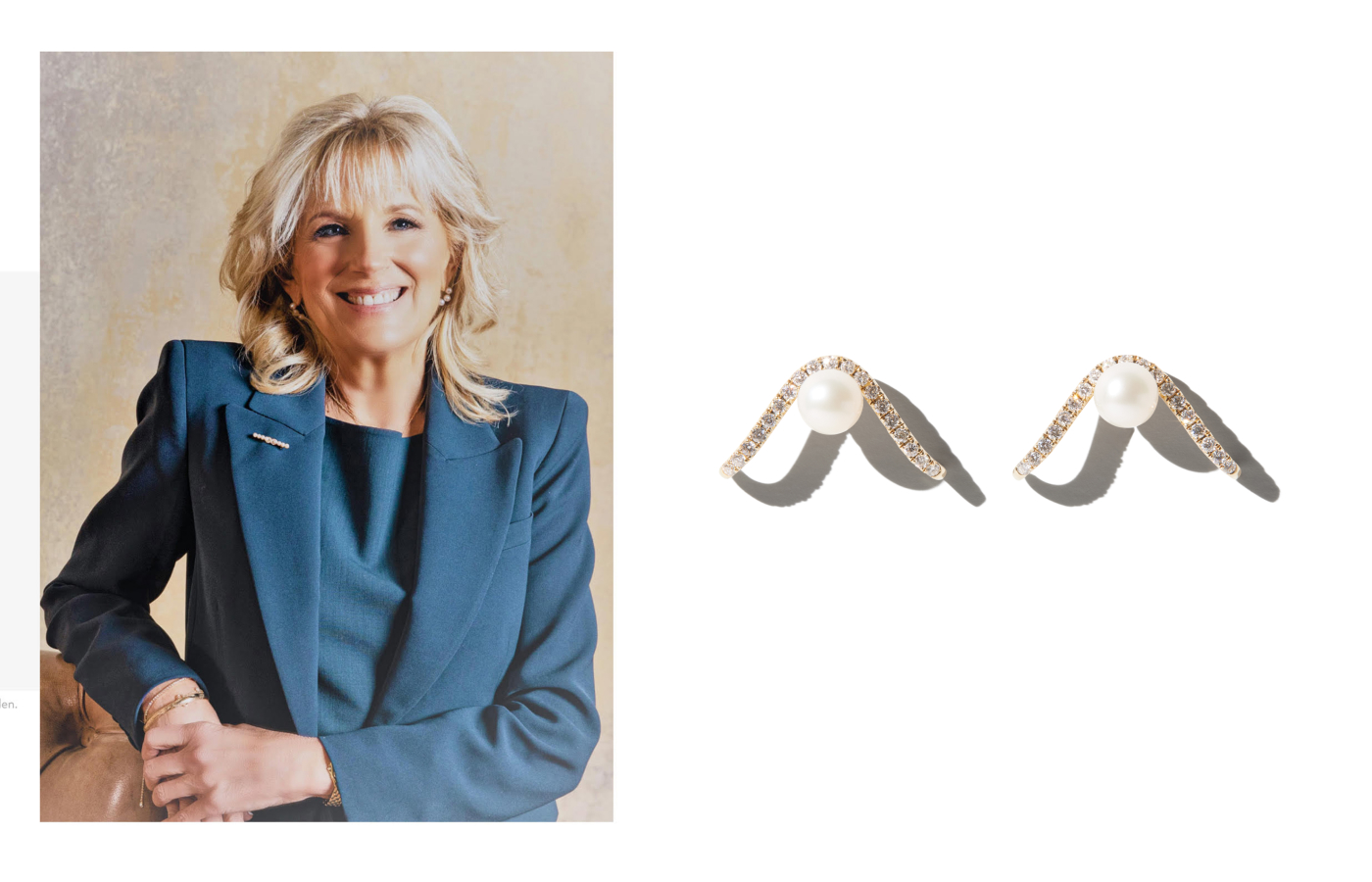  First Lady Dr Jill Biden wearing Mizuki Sea of Beauty Small Pearl Safety Pin earrings in gold and pearl, alongside a pair of Curved Sea of Beauty earrings in gold, freshwater pearl and diamond