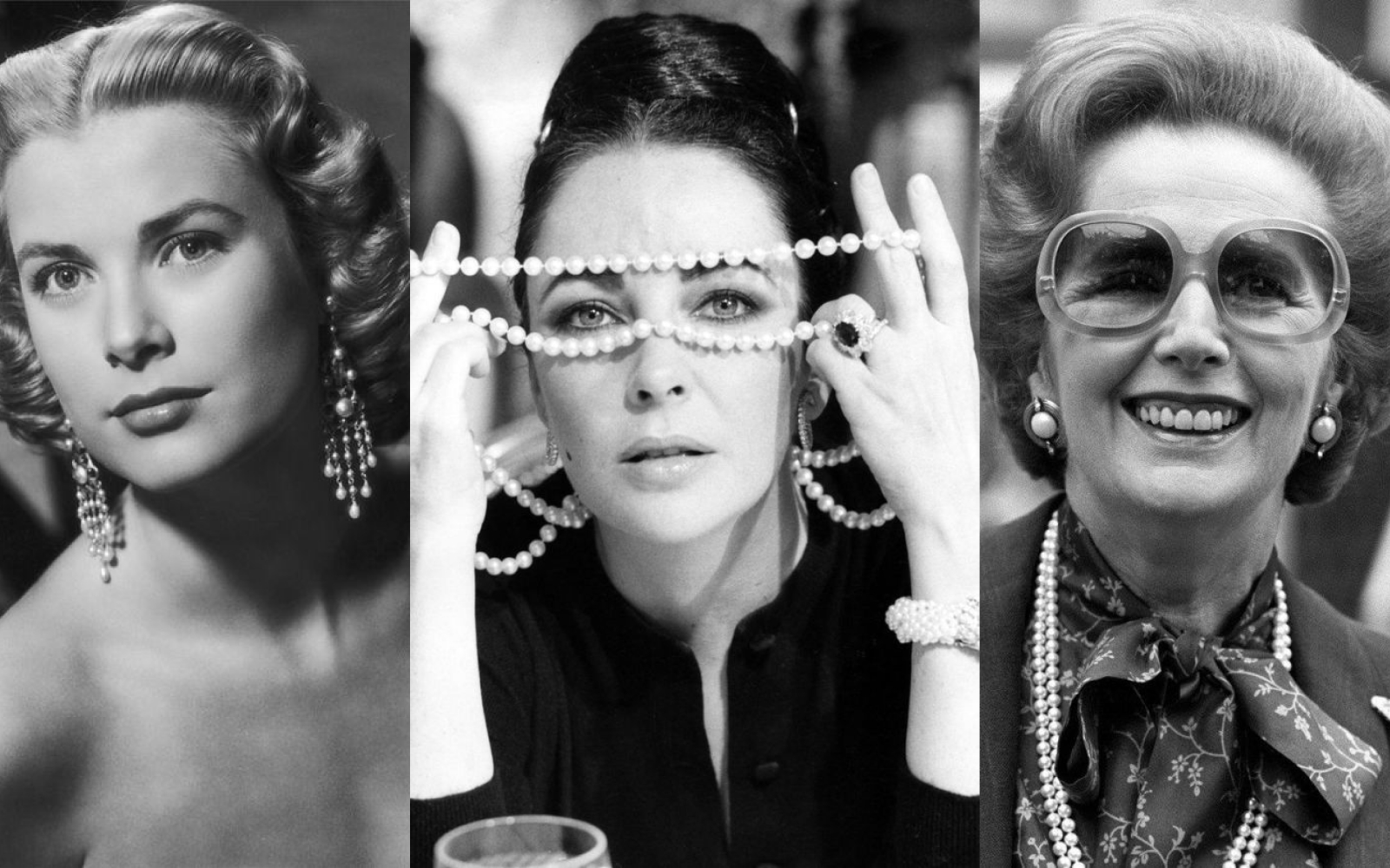  Grace Kelly and Elizabeth Taylor and  Margaret Thatcher wearing pearl jewels