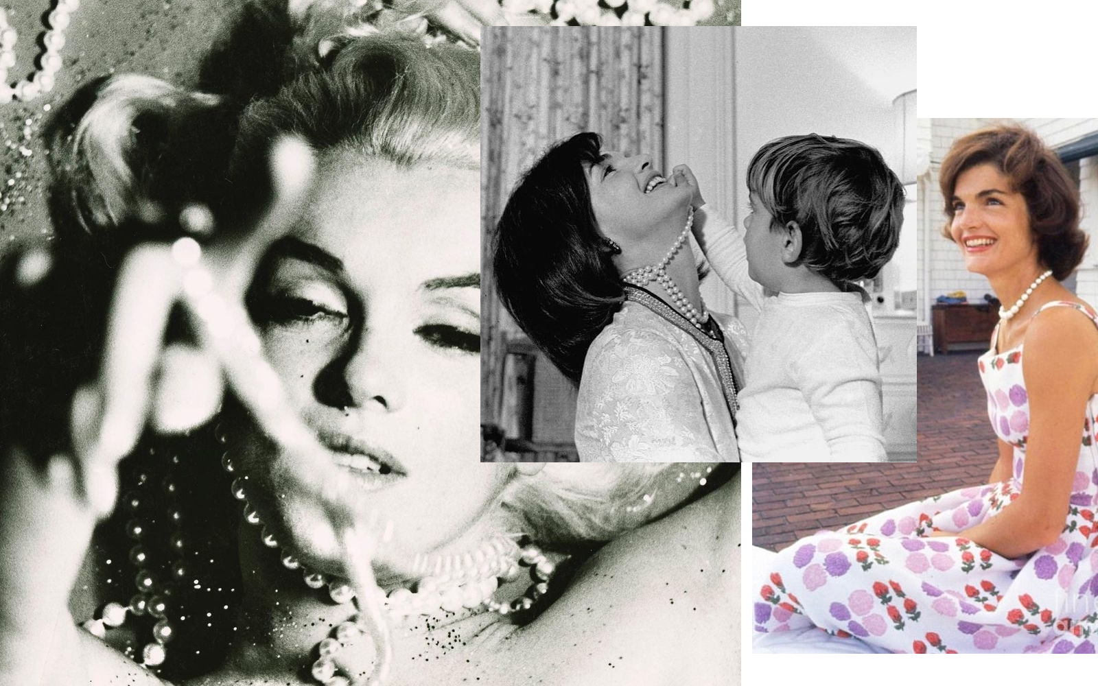 Marilyn Monroe and Jacqueline Kennedy Onassis wearing pearl necklaces  
