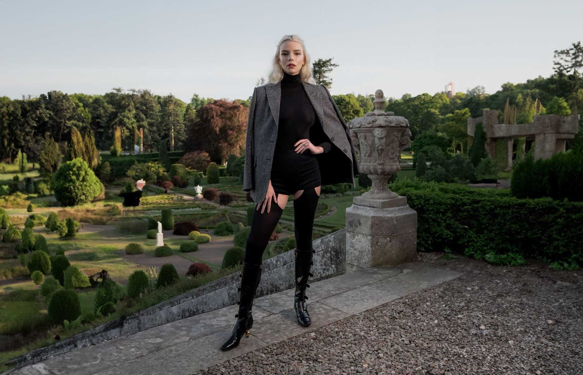 Anya Taylor-Joy wearing earrings and a ring from the Tiffany Titan by Pharrell Williams collection at Drummond Castle for the Dior Cruise show